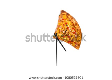 Creative pizza picture in the form of a clock with arrows on a white background. Concept