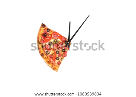 Creative pizza picture in the form of a clock with arrows on a white background. Concept 