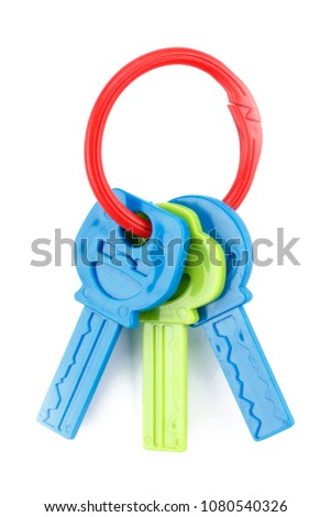 plastic toy keys isolated, colorful teethers for babies
