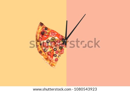 Creative pizza picture in the form of a clock with arrows on a striped bright background. Concept 