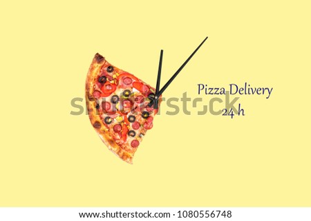 Creative pizza picture in the form of a clock with arrows on a colorful bright background. delivery 24 hours inscription. Concept