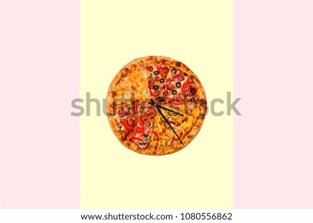 Creative pizza picture in the form of a clock with arrows on a striped bright background. Concept