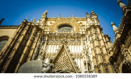 Gothic rose with pillars and arches over the gate of the Seville gothic cathedral.