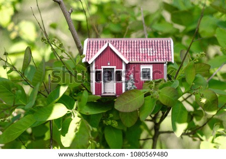 Small house sun leaves plant green nature on blurred background