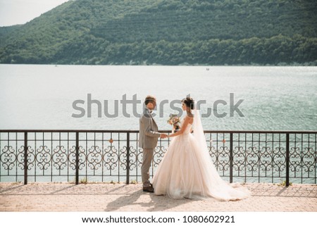 Beautiful wedding couple, bride and groom holding hands on a lake background. Cute girl in long white dress, men in grey business suit. mountains landscape at background. Concept of family.