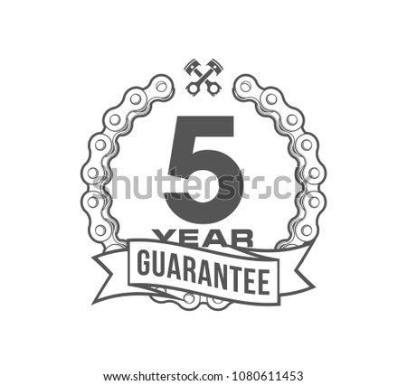 Vector illustration Five Years Warranty icon background with ribbon and moto chain isolated on white. Poster, label, badge or brochure template. Banner with Logo 5 years guarantee Label obligations