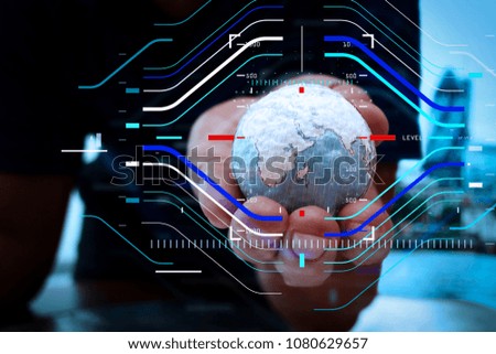 Concept of focus on target with digital diagram.close up of businessman hand showing texture the world - Elements of this image furnished by NASA london city background