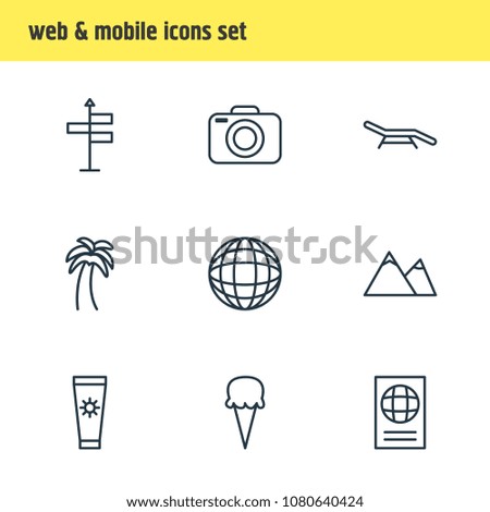 Vector illustration of 9 season icons line style. Editable set of camera, navigation, beach bench and other icon elements.