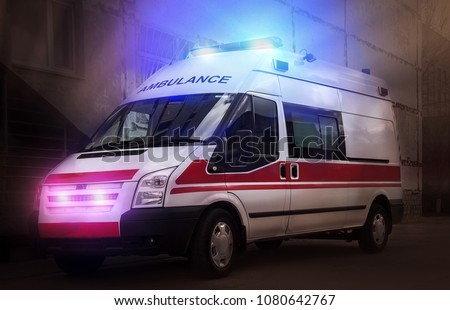  ambulance car on blured background. Ambulance auto paramedic emergency.  Royalty-Free Stock Photo #1080642767