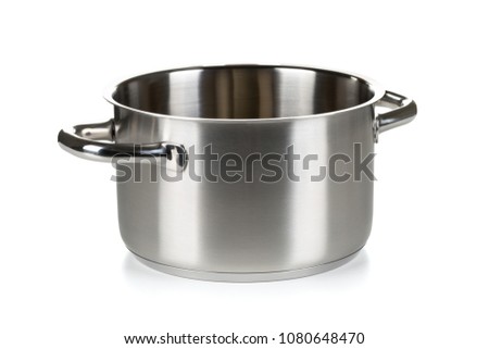 Open stainless steel cooking pot over white background Royalty-Free Stock Photo #1080648470