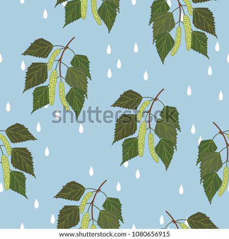 Seamless abstract pattern with branches of birch tree with catkins and abstract rain drops. Cartoon style.