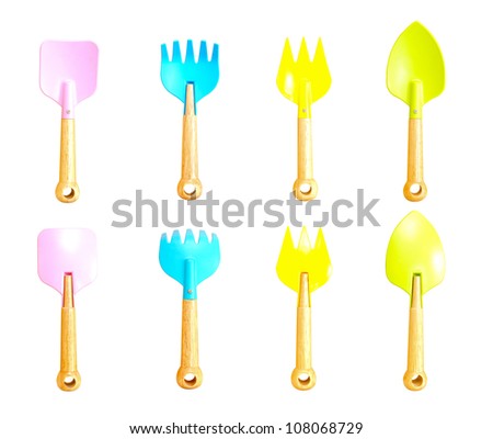 Collection toy spade, plastic shovel isolated on white background