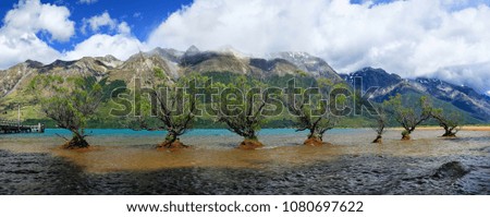 Panorama of willow trees in water at Glenorchy Wharf with mighty mountains covered by clouds in the background, Lake Wakatipu, South Island, New Zealand