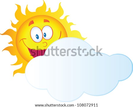 Happy Sun Cartoon Character Hiding Behind Cloud .Vector Illustration
