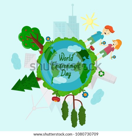 World environment day, Concept, green Eco Earth, vector illustration flat, grass, trees, ecology, symbol, world environment day map, design, print, continents, globe,