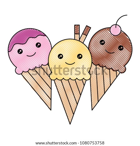 three ice cream kawaii cartoon