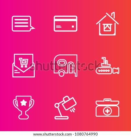 Premium set with outline vector icons. Such as undersea, place, aid, money, bill, first, internet, award, transport, receipt, estate, box, web, delivery, marine, kit, building, architecture, list, van