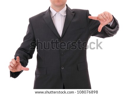 Young business man with empty hands isolated on white