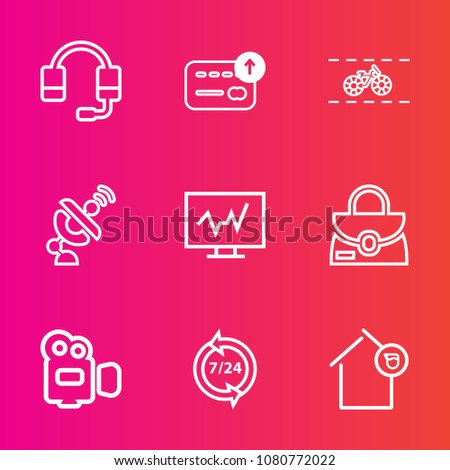 Premium set with outline vector icons. Such as fashion, support, microphone, communication, operator, global, diagnostic, bank, technology, camera, transportation, sport, bicycle, landlord, space, bag