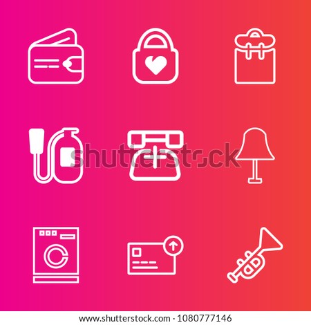 Premium set with outline vector icons. Such as finance, communication, people, cash, pay, bugle, style, telephone, leather, bag, trumpet, dollar, fire, lamp, emergency, business, phone, safety, modern