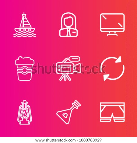Premium set with outline vector icons. Such as camera, musical, music, fashion, yacht, tripod, instrument, string, video, employer, template, business, coffee, display, white, folk, job, shorts, speed
