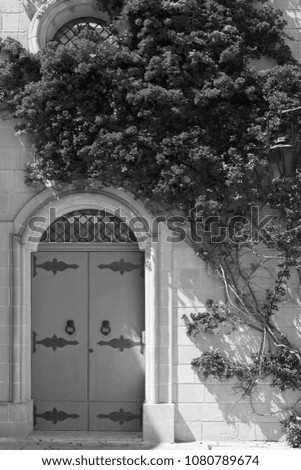 Building with traditional maltese door decorated with fresh flowers in Mdina. Black and white picture