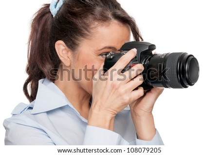 Full isolated woman with dslr