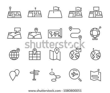  world map line icon set, global communication vector line icons, location plan to travel icon