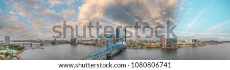 Panoramic aerial view of Jacksonville at sunset, Florida.