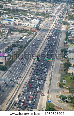 Aerial view of Miami interstate I-95 from airplane window.