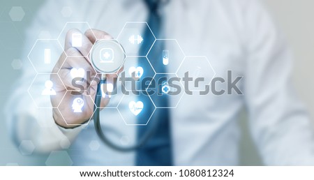 Medicine doctor and stethoscope with medical icon network concept.