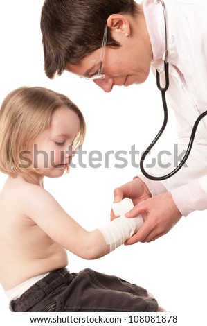 Full isolated studio picture form a little girl and a pediatrician
