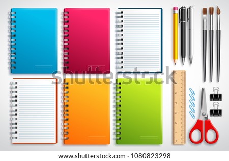 Notebook vector set with school items and office supplies isolated in white background for educational and back to school elements.
