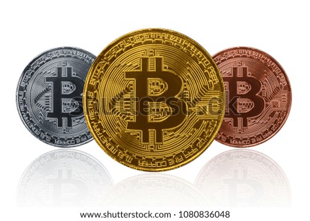 Three type of Bitcoin isolated on white. Visual cryptocurrency coin.