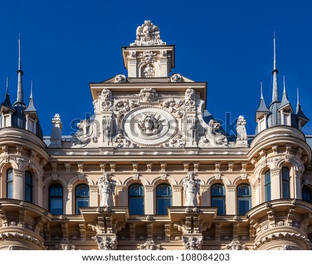 Fragment of Art Nouveau architecture style of Riga city Royalty-Free Stock Photo #108084203