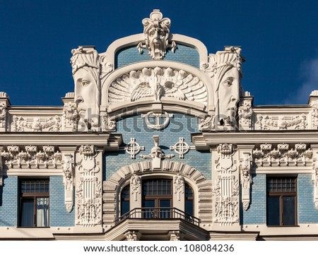 Fragment of Art Nouveau architecture style of Riga city Royalty-Free Stock Photo #108084236