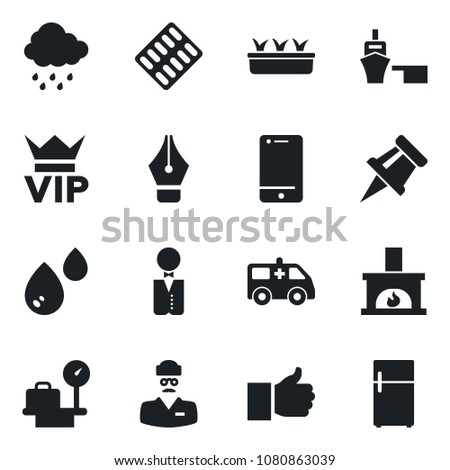 Set of vector isolated black icon - vip vector, luggage scales, seedling, rain, pills blister, ambulance car, doctor, sea port, cell phone, finger up, drawing pin, ink pen, fireplace, waiter, water