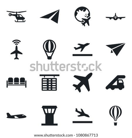 Set of vector isolated black icon - plane vector, airport tower, radar, departure, arrival, waiting area, ladder car, helicopter, flight table, globe, paper, air balloon