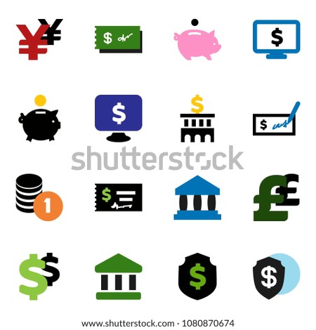 solid vector ixon set - bank vector, piggy, coin stack, check, building, dollar shield, monitor, pound, yen sign