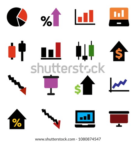 solid vector ixon set - presentation vector, graph, pie, japanese candle, laptop, crisis, percent growth, dollar, board