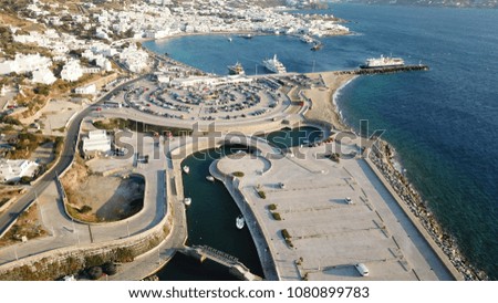 Aerial drone bird's eye view photo of public new small port built for yachts in chora of Mykonos island, Cyclades, Greece