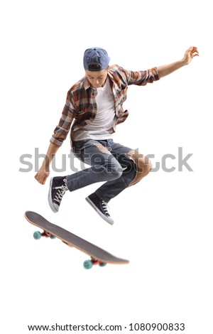 Teenage skater boy jumping isolated on white background