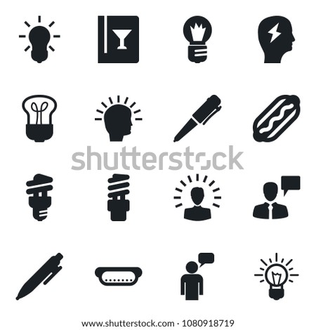 Set of vector isolated black icon - speaking man vector, pen, brainstorm, bulb, wine card, hot dog, energy saving, shining head, idea