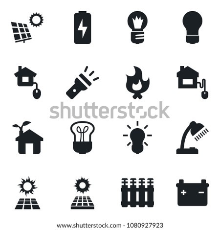 Set of vector isolated black icon - bulb vector, fire, torch, charge, desk lamp, sun panel, home control, eco house, radiator, battery