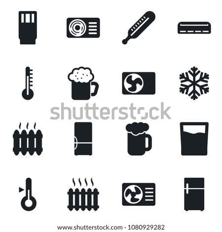 Set of vector isolated black icon - thermometer vector, heater, air conditioner, fridge, drink, beer, snowflake