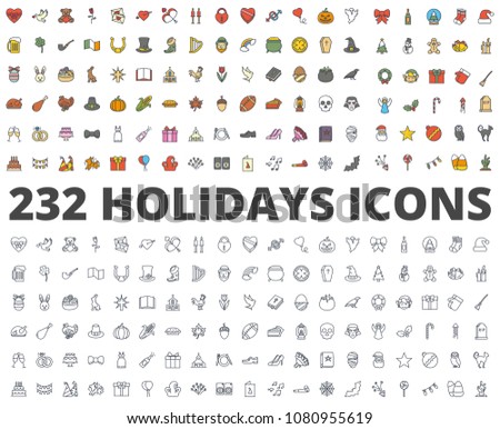 Holiday colored and line icon raster illustration pack of Valentines, patricks, easter, halloween, thanksgiving, wedding, party, birthday, christmas, x-mas, decoration, day, love, heart, snow.