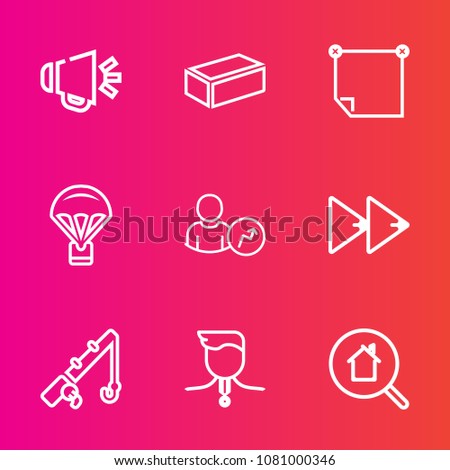Premium set with outline vector icons. Such as brick, real, jump, voice, player, loudspeaker, note, online, button, extreme, music, reel, home, business, block, competition, web, material, sound, fish