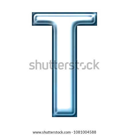 Soft blue chrome metallic letter T in a 3D illustration with a smooth shiny metal finish in an icy light blue color with a bold type font isolated on white with clipping path