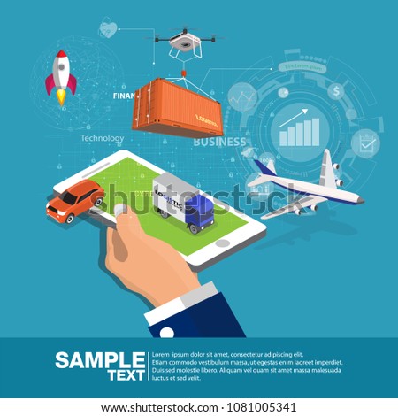 Global logistics network Flat 3d isometric tool app.  business concept web vector illustration. Businessmen hold the phone and show graphic secretary present. Creative people collection.