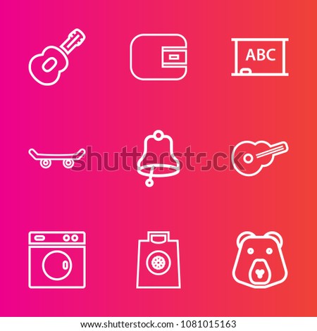Premium set with outline vector icons. Such as skateboard, chalkboard, laundry, empty, bell, wild, skater, finance, concert, guitar, clean, washer, business, ring, pay, music, machine, grizzly, board